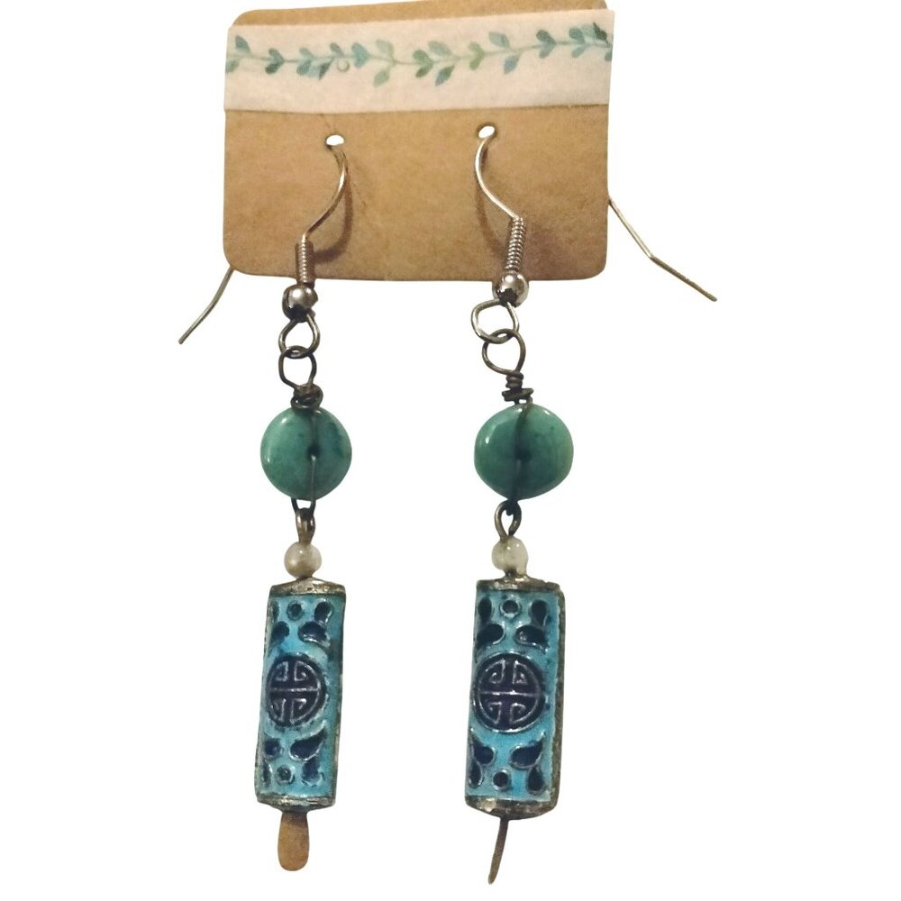 Blue Turquoise Cloisonne Earrings Beaded Dangling